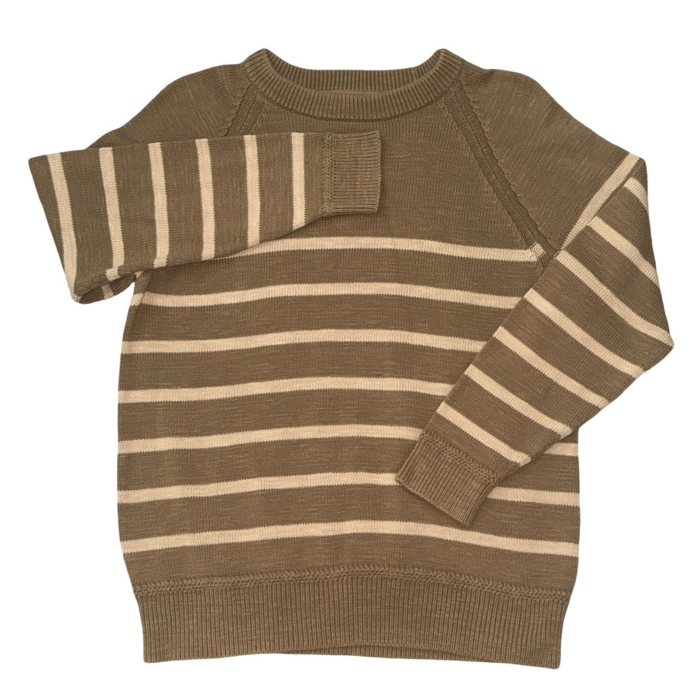 LL Bean Signature Mens Striped Cotton Crewneck Raglan Sweater Brown Cream Medium